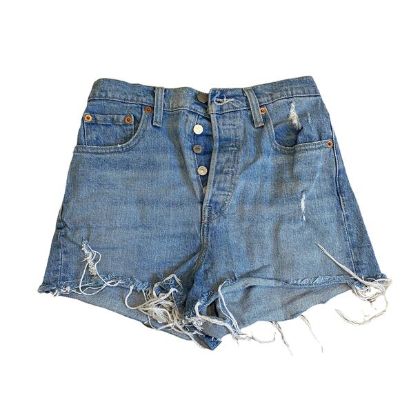 Levi's Ribcage Light Wash Distressed Denim High-Rise Cut-Off Shorts 26 - Picture 2 of 6